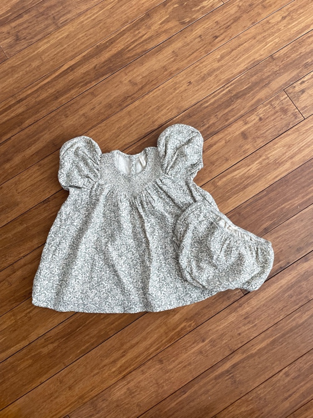 Quincy Mae Smocked Puff Sleeve Floral Baby Dress with Bloomers - Light Sage